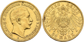 GERMANY. Kaiserreich. Wilhelm II, 1888-1918. 20 Mark 1891 A (Gold, 23 mm, 7.95 g, 12 h), Berlin. WILHELM II DEUTSCHER KAISER KÖNIG V. PREUSSEN Bare he...