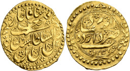 IRAN, Qajars. Fath 'Ali Shah, as Shah, AH 1212-1250 / AD 1797-1834. Toman (Gold, 24 mm, 4.58 g, 1 h), type W, Yazd, AH 1232 = AD 1816/7. The king’s na...