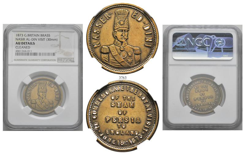 IRAN, Qajars. Nasir al-Din Shah, AH 1264-1313 / AD 1848-1896. Medal 1873 (Brass,...