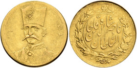 IRAN, Qajars. Nasir al-Din Shah, AH 1264-1313 / AD 1848-1896. Half Toman AH 1305 = 1887 (Gold, 17 mm, 1.34 g, 6 h), Tehran. Uniformed bust of Nasir al...