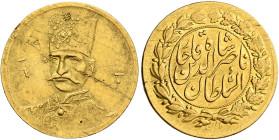 IRAN, Qajars. Nasir al-Din Shah, AH 1264-1313 / AD 1848-1896. Half Toman AH 1310 = 1892 (Gold, 17 mm, 1.43 g, 12 h), Tehran. Uniformed bust of Nasir a...