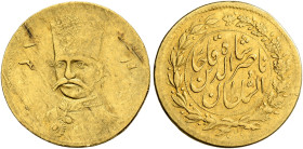 IRAN, Qajars. Nasir al-Din Shah, AH 1264-1313 / AD 1848-1896. Half Toman AH 1312 = 1895 (Gold, 17 mm, 1.39 g, 6 h), Tehran. Uniformed bust of Nasir al...