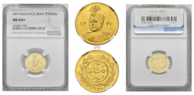 IRAN, Qajars. Ahmad Shah, AH 1327-1344 / AD 1909-1925. Toman AH 1332 = 1913 (Gold, 20 mm, 2.87 g, 6 h), variety with 2 Toman reverse die, Tehran. Unif...