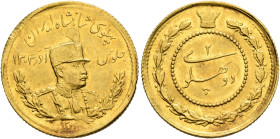 IRAN, Pahlavis. Reza Shah, AH 1304-1320 / AD 1925-1941. 2 Pahlavi SH 1306 = 1927 (Gold, 20 mm, 3.87 g, 6 h), Tehran. Uniformed bust of Reza Shah facin...