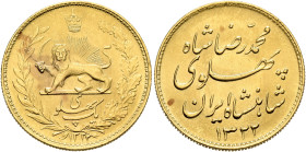 IRAN, Pahlavis. Muhammad Reza Shah, AH 1320-1358 / AD 1941-1979. Pahlavi SH 1322 = 1943 (Gold, 21 mm, 8.08 g, 6 h), Tehran. Lion and sun (Pahlavi coat...