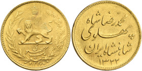 IRAN, Pahlavis. Muhammad Reza Shah, AH 1320-1358 / AD 1941-1979. Pahlavi SH 1322 = 1943 (Gold, 21 mm, 8.14 g, 6 h), Tehran. Lion and sun (Pahlavi coat...