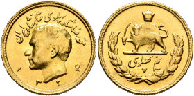 IRAN, Pahlavis. Muhammad Reza Shah, AH 1320-1358 / AD 1941-1979. 1/2 Pahlavi SH 1324 = 1945 (Gold, 20 mm, 3.99 g, 12 h), high relief type, Tehran. Bar...