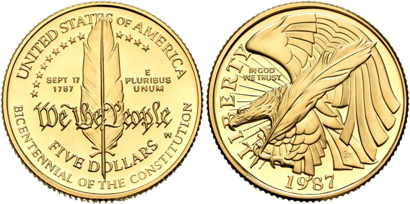 UNITED STATES. 1776-pres. 5 Dollars 1987 W (Gold, 21 mm, 8.36 g, 6 h), on the 20...