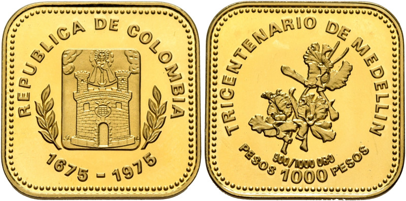 COLOMBIA, Republica de Colombia. 1886-present. 1000 Pesos 1975 (Gold, 18 mm, 4.3...