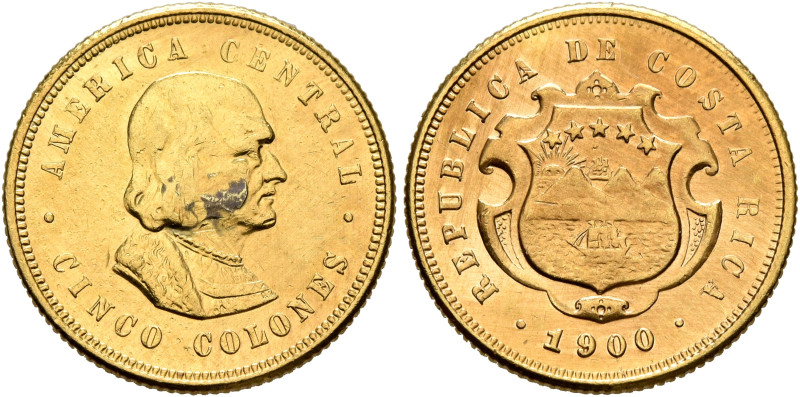 COSTA RICA. República de Costa Rica. 1848-pres. 5 Colones 1900 (Gold, 18 mm, 3.8...