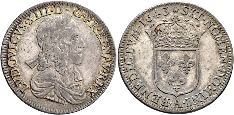 FRANCE, Royal. Louis XIII le Juste (the Just), 1610–1643. 1/2 Écu 1643 A (Silver...