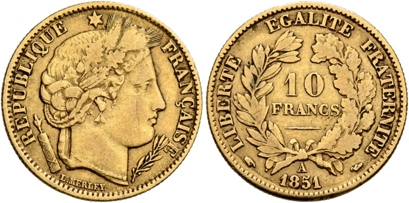 FRANCE, Deuxième République. 1848-1852. 10 Francs 1851 A (Gold, 19 mm, 3.16 g, 6...