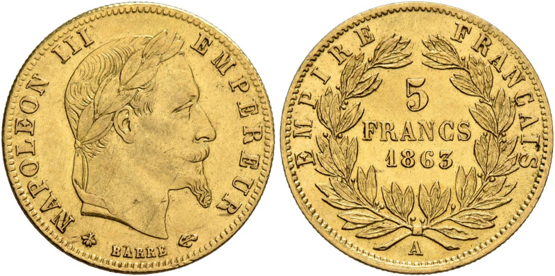 FRANCE, Second Empire. Napoléon III, 1852-1870. 5 Francs 1863 A (Gold, 17 mm, 1....