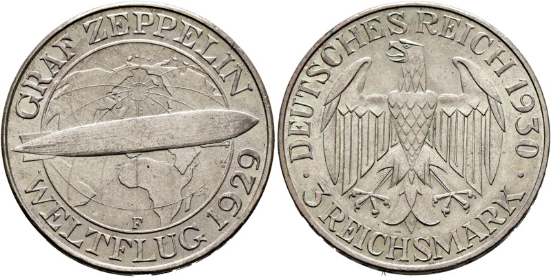 GERMANY. Weimarer Republik. 1918-1933. 3 Reichsmark 1930 F (Silver, 30 mm, 15.07...