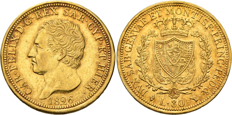 ITALY. Sardegna (Regno). Carlo Felice, 1821-1831. 80 Lire 1826 L (Gold, 32 mm, 2...