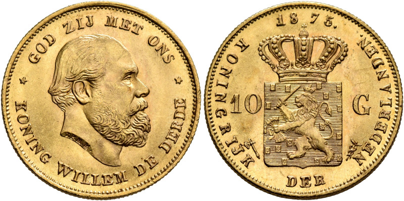 NETHERLANDS. William III, 1849-1890. 10 Gulden 1875 (Gold, 23 mm, 6.74 g, 6 h), ...