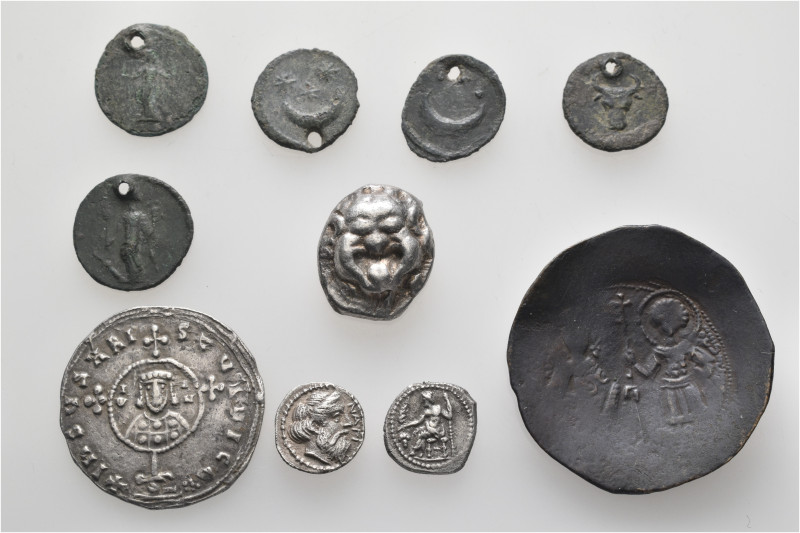 A lot containing 10 silver and bronze coins and tessera. Including: Greek, Roman...