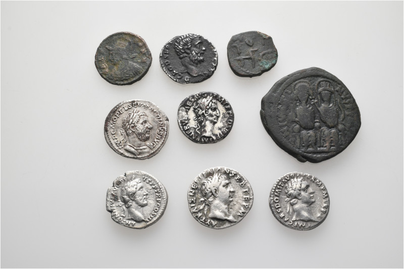 A lot containing 9 silver and bronze coins. Including: Roman Imperial, Byzantine...