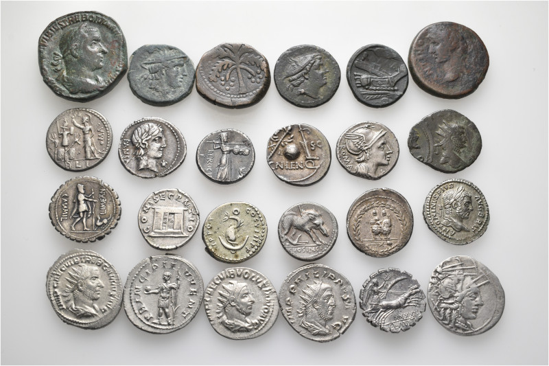 A lot containing 24 silver and bronze coins. Including: Roman Provincial, Roman ...