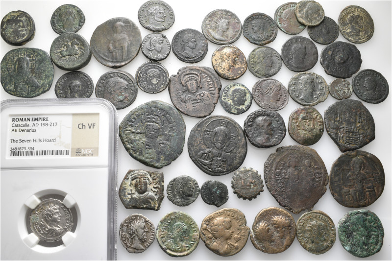 A lot containing 45 silver and bronze coins. All: Greek, Roman Provincial, Roman...