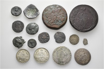 A lot containing 16 silver and bronze coins. Including: Greek, Central Asian, Roman Imperial, Byzantine and World, mostly Russia. Fine to extremely fi...