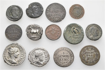 A lot containing 13 silver and bronze coins. Including: Greek, Roman Imperial and World (Switzerland). Very fine to extremely fine. LOT SOLD AS IS, NO...