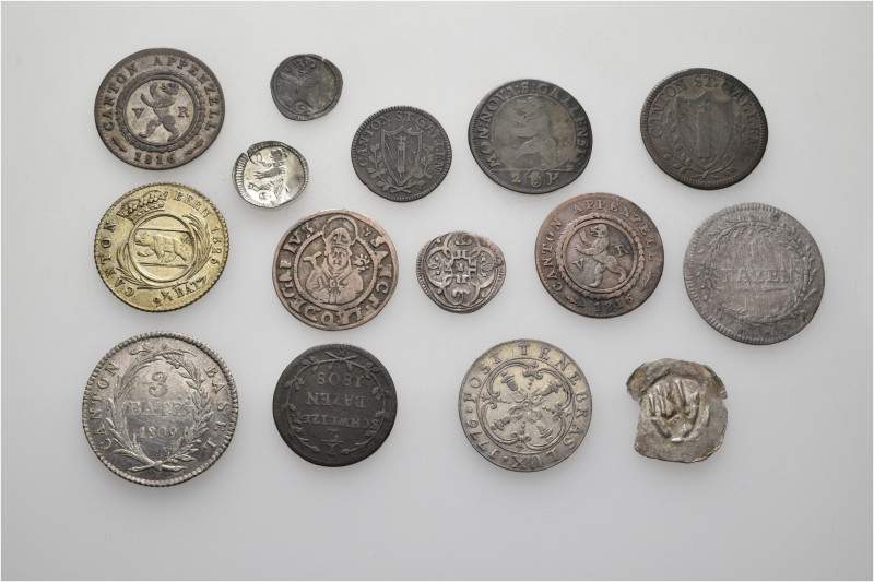 A lot containing 15 silver, billon and bronze coins. All: Switzerland, 'Kantonsm...