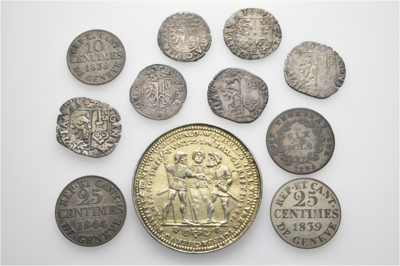 A lot containing 10 silver, gilt silver and billon coins and medals. All: Switze...