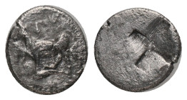 THRACE, Byzantion AR Quarter Siglos or Trihemiobol (340-320 BC). Obv: Bull standing to left atop dolphin; ΠΥ above Rev: Quadripartite incuse square in...