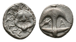 THRACE. Apollonia Pontika. Drachm (Late 5th-4th centuries BC). AR Silver Obv: Facing gorgoneion. Rev: Upright anchor; crayfish to left, A to right. Co...