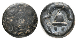 KINGS OF MACEDON. Temp. Alexander III – Kassander (325-310 BC). Uncertain mint in Macedon. AE Bronze Obv: Macedonian shield
Rev: Macedonian helmet fa...