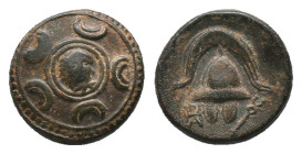KINGS OF MACEDON. Alexander III Arrhidaios, Struck under Nikokreon. Salamis, (323-315 BC). AE Bronze
Obv: Gorgoneion in the centre of a Macedonian sh...