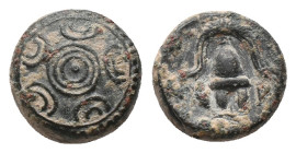 KINGS OF MACEDON. Temp. Alexander III – Kassander (325-310 BC). Uncertain mint in Macedon. AE Bronze Obv: Macedonian shield
Rev: Macedonian helmet fa...