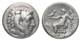 KINGS OF MACEDON. Alexander III, Drachm (336-323 BC). AR Silver Obv:Head of Herakles right, wearing lion skin Rev: AΛEΞANΔPOY, Zeus seated left on thr...