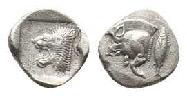 MYSIA. Kyzikos. Obol (450-400 BC). AR Silver Obv: Forepart of boar left, to right, tunny upward. Rev: Head of roaring lion left within incuse square. ...