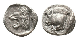 MYSIA. Kyzikos. Obol (450-400 BC). AR Silver Obv: Forepart of boar left, to right, tunny upward. Rev: Head of roaring lion left within incuse square. ...