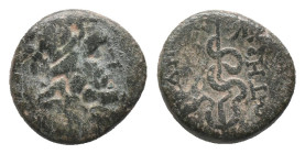MYSIA. Pergamon. (Mid-late 2nd century BC). AE Bronze Obv: Laureate head of Asklepios right Rev: ΑΣΚΛΗΠΙΟΣ / ΣΩΤΗΡΟΣ, serpent-entwined staff of Asklep...