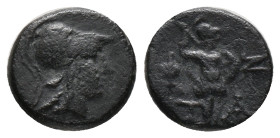 AEOLIS. Temnos. (2nd-1st centuries BC). AE. Bronze. Obv: Head of Athena to right, wearing crested Corinthian helmet. Rev. θ-Z, T-A Athena Promachos st...