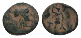 AEOLIS. Temnos. (2nd-1st centuries BC). AE. Bronze. Obv: Head of Athena to right, wearing crested Corinthian helmet. Rev. T-A Athena Promachos standin...