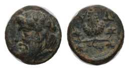 AEOLIS, Temnos (3rd century BC). AE. Bronze Obv: Bearded head of Dionysos to left, wreathed with ivy Rev: Bunch of grapes; T-A across fields Condition...