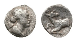 IONIA. Ephesos. Obol (245-202 BC).Obol. Obv : Draped bust of Artemis right, with quiver over shoulder. Rev : Forepart of stag kneeling right, head lef...