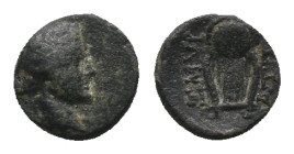 IONIA Smyrna. (Circa 170-145 BC). Sarapios, magistrate. AE Bronze Obv: Laureate head of Apoll right Rev: ΣΜΥΡ ΣAPAΠIΩN. Lyre Condition: Good Very fine...