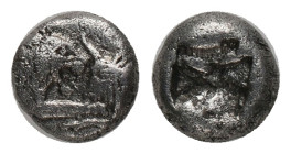 KINGS OF LYDIA. Kroisos. 1/12 Stater. Sardes. (560-546 BC).AR, Silver,
Obv : On the left, forepart of lion with open mouth to right confronting, on t...