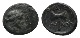 LYDIA. Thyateira. (2nd century BC). AE Bronze Obv:Laureate head of Apollo to right, magistrate name below Rev: ΘΥΑΤΕΙ ΡΗ-ΝΩΝ, double axe. Condition: G...