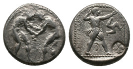 PAMPHYLIA. Aspendos. Stater (380/75-330/25 BC). AR. Silver Obv : Two wrestlers grappling; ΛΦ between. Rev : EΣTFEΔIIYΣ. Slinger in throwing stance rig...