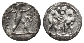 PAMPHYLIA. Aspendos.Stater (380/75-330/25 BC). AR. Silver. Obv: EΣTFEΔIIYΣ. Slinger in throwing stance right; triskeles to right; all within pelleted ...