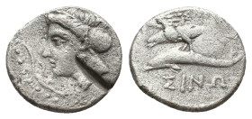 PAPHLAGONIA, Sinope. Drachm, (330-300 BC). AR Silver, Magistrate Ikesio.
Obv: Head of the nymph Sinope to left, her hair bound in a sakkos and wearin...