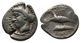 PAPHLAGONIA, Sinope. Drachm, (330-300 BC). AR Silver,
Obv: Head of the nymph Sinope to left, her hair bound in a sakkos and wearing a triple pendant ...
