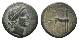 KINGS OF GALATIA. Amyntas, (39-25 BC). AE. Bronze Obv: Draped bust of Artemis right, bow and quiver over shoulder; AY monogram before Rev: BAΣIΛEΩΣ AM...