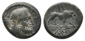 KINGS OF GALATIA. Amyntas (36-25 BC). AE Bronze
Obv: Head of Herakles right, with club over shoulder; ЄC (date) to left.
Rev: Lion walking right; ab...